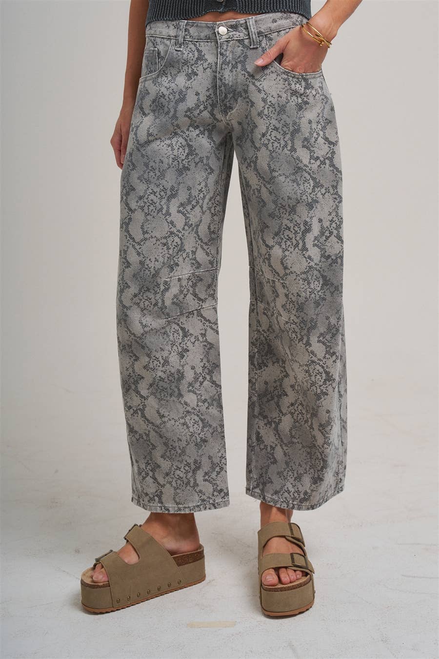 VINTAGE SNAKESKIN PRINT TWILL DENIM BARREL PANT