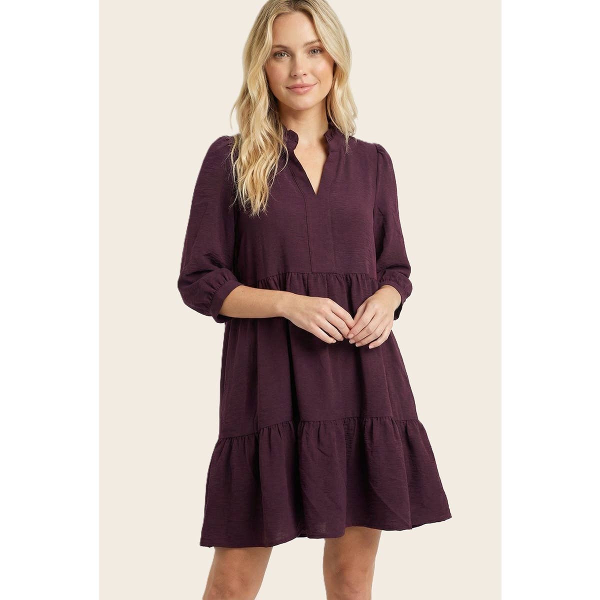 FRILLED SPLIT NECK TIERED DRESS