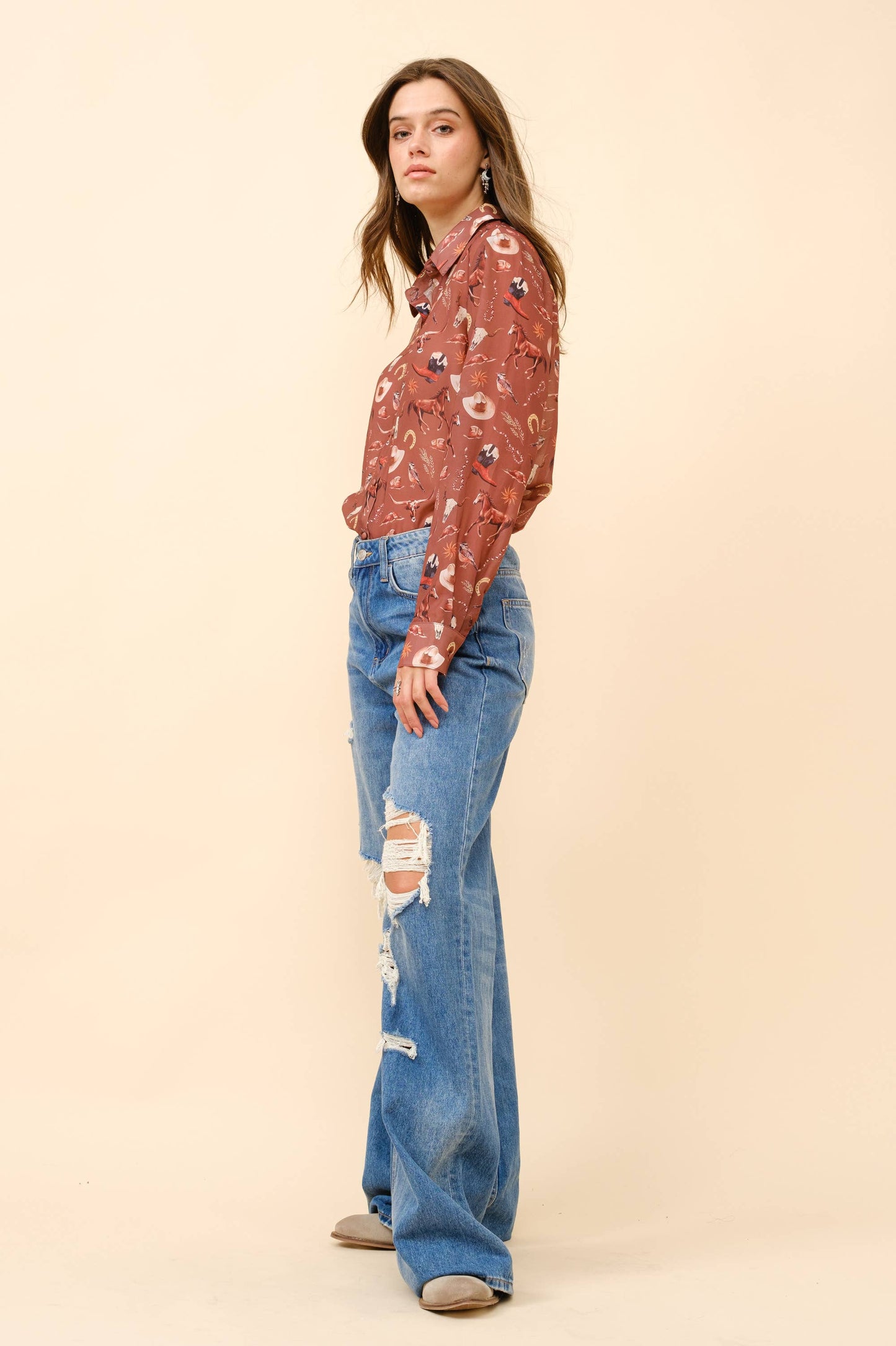 Western Print Chiffon Button Up Blouse