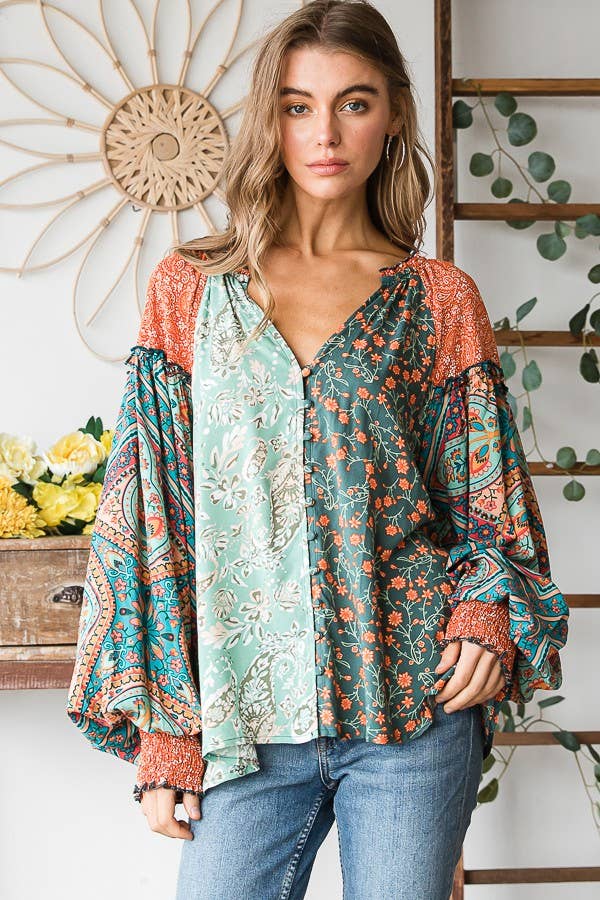 BUTTON FRONT PRINT MIXED BLOUSE