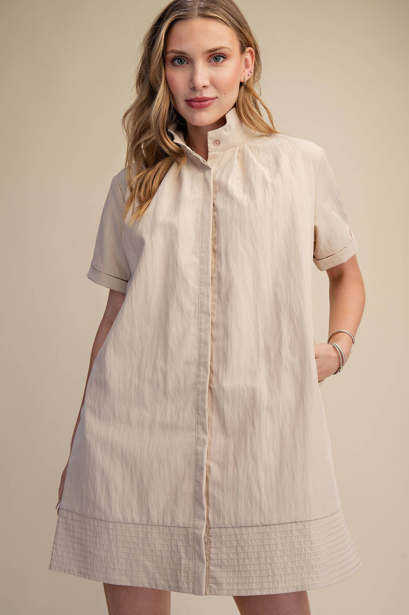 Stand Collar Short Sleeves Button Down Shift Dress
