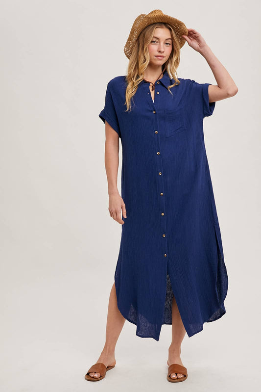 BUTTON UP MAXI SHIRT DRESS WITH POCKET