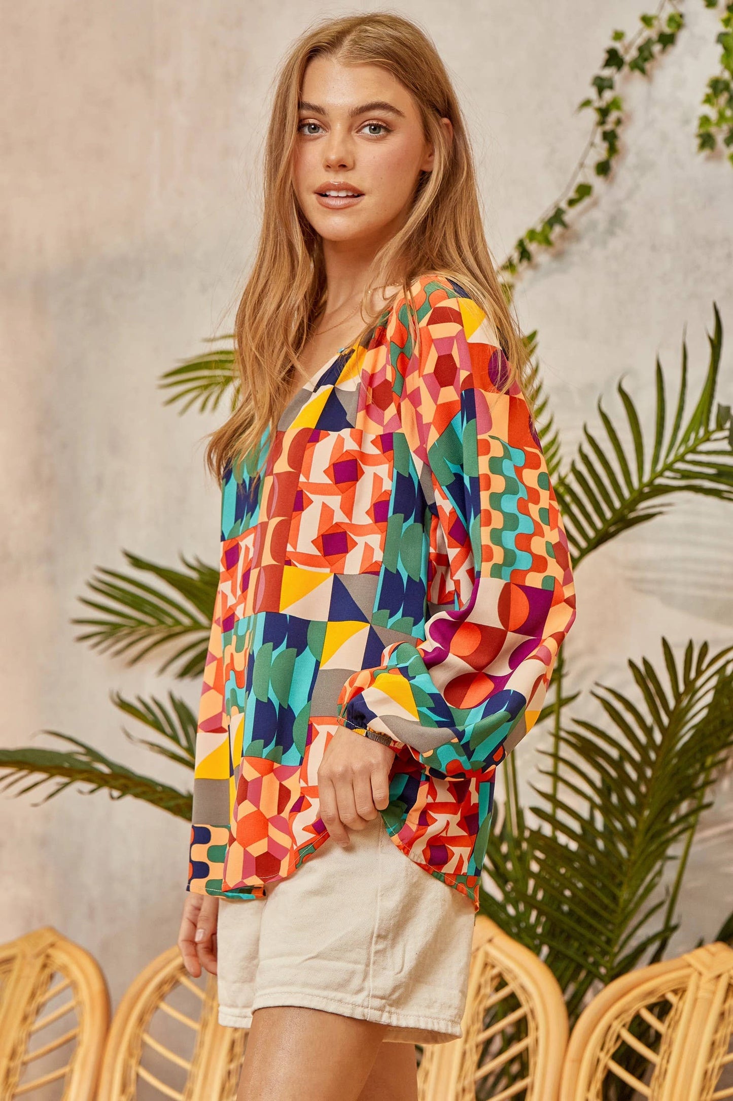 Abstract Pattern Split Neck Blouse