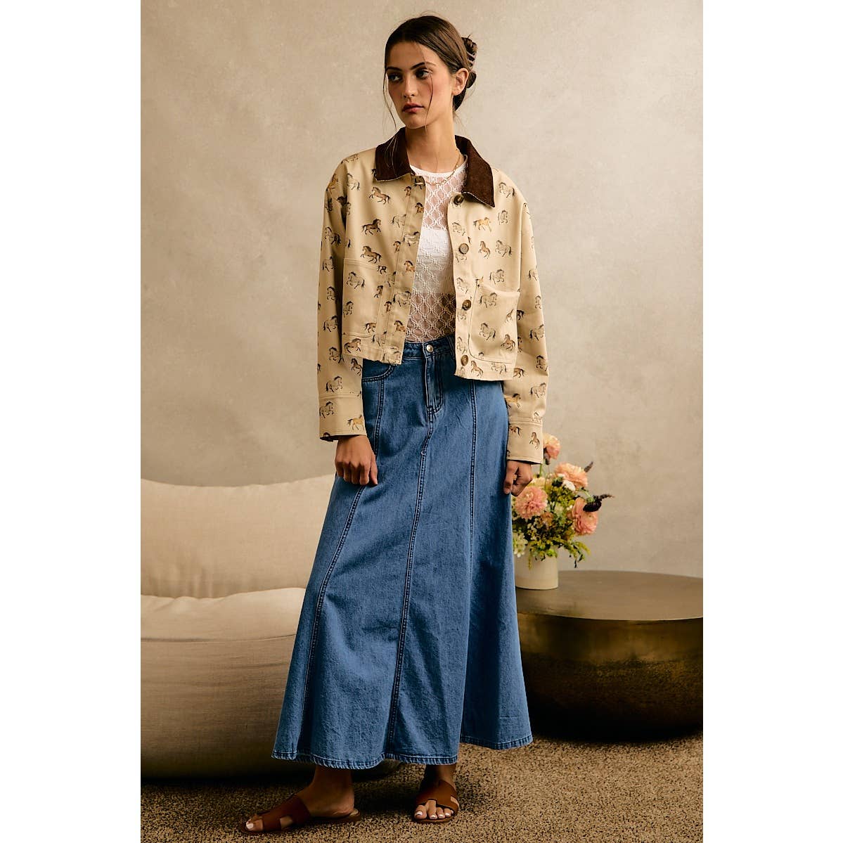HORSE PRINT CORDUROY COLLAR JACKET
