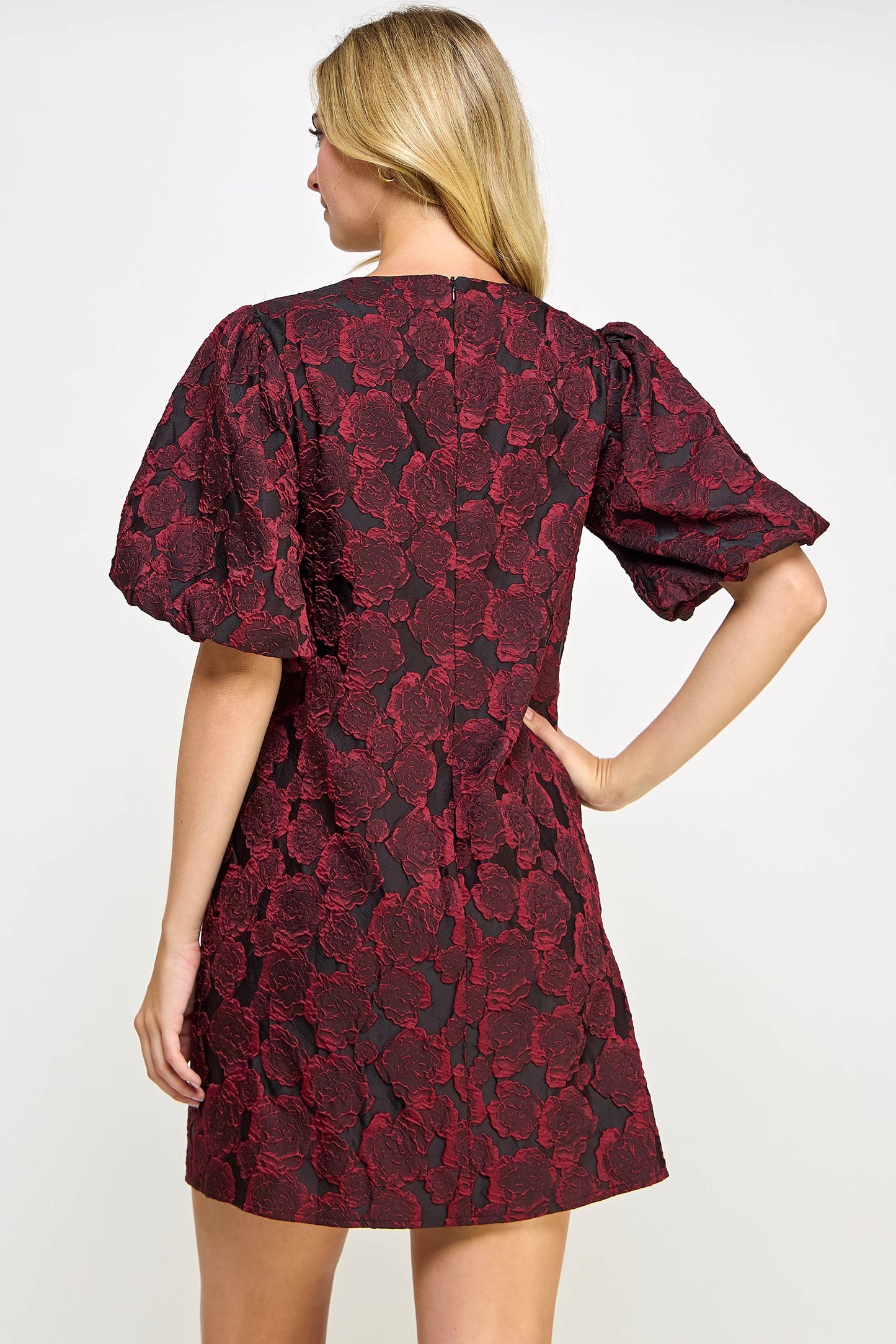 PUFF SLEEVE JACQUARD DRESS WINE