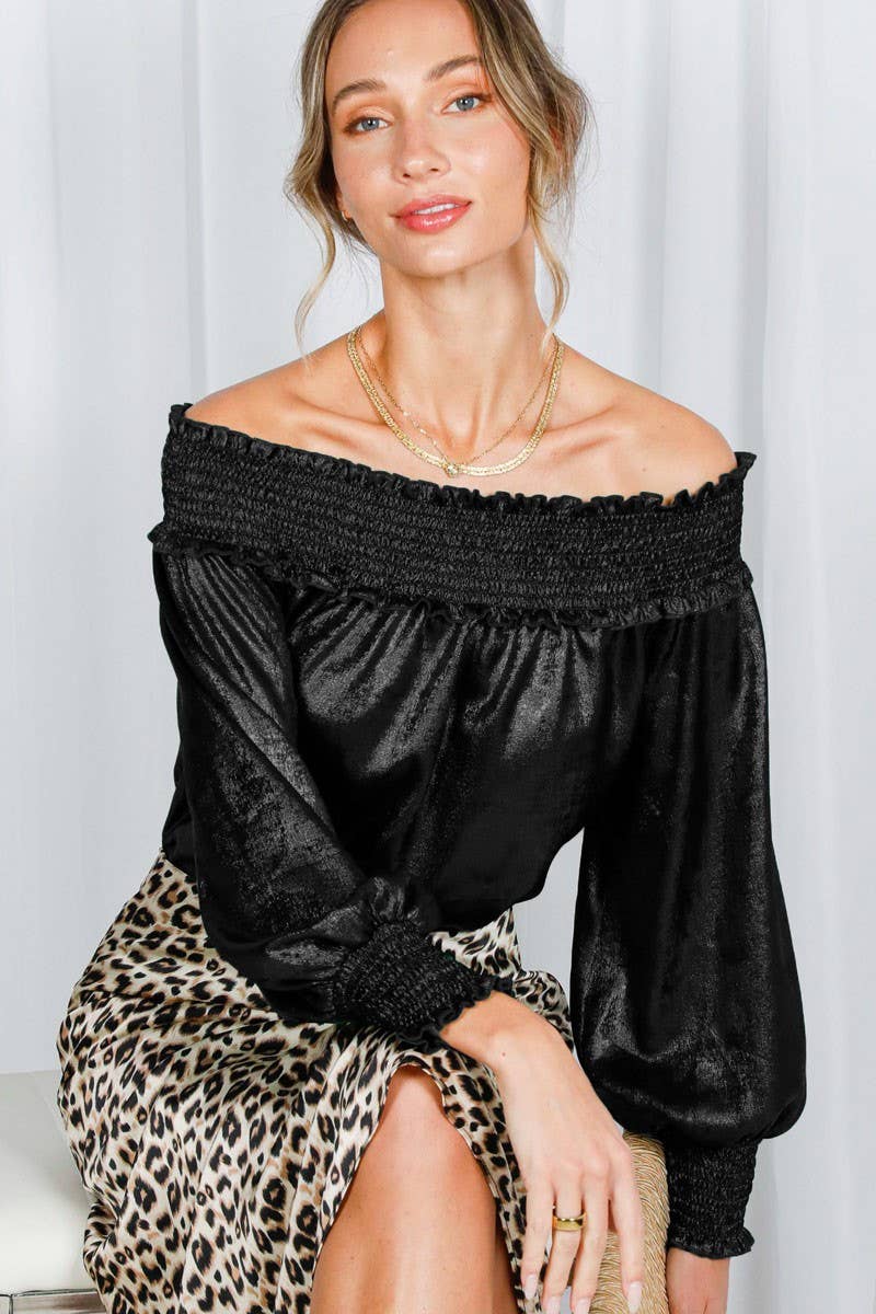 Metallic Woven Off-The-Shoulder Smocked Blouse