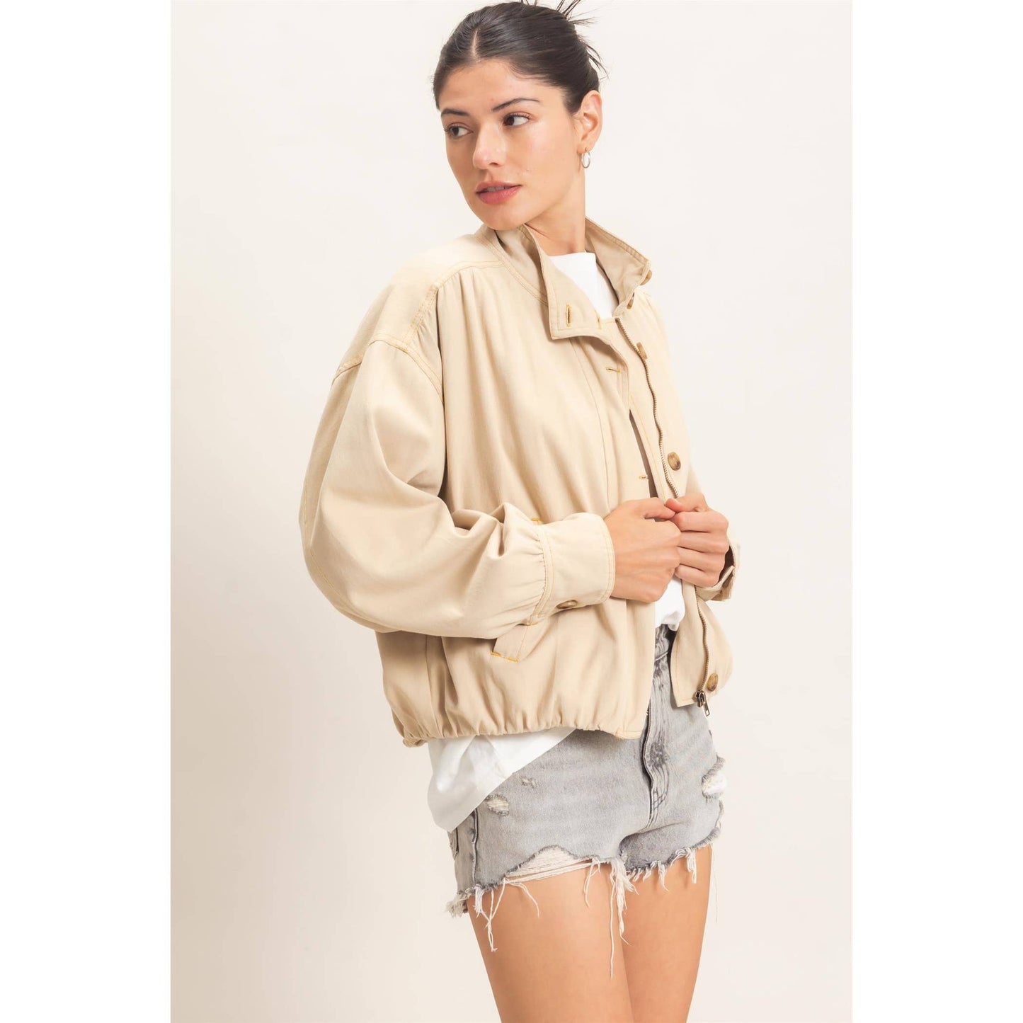 High Collar Denim Bomber Jacket