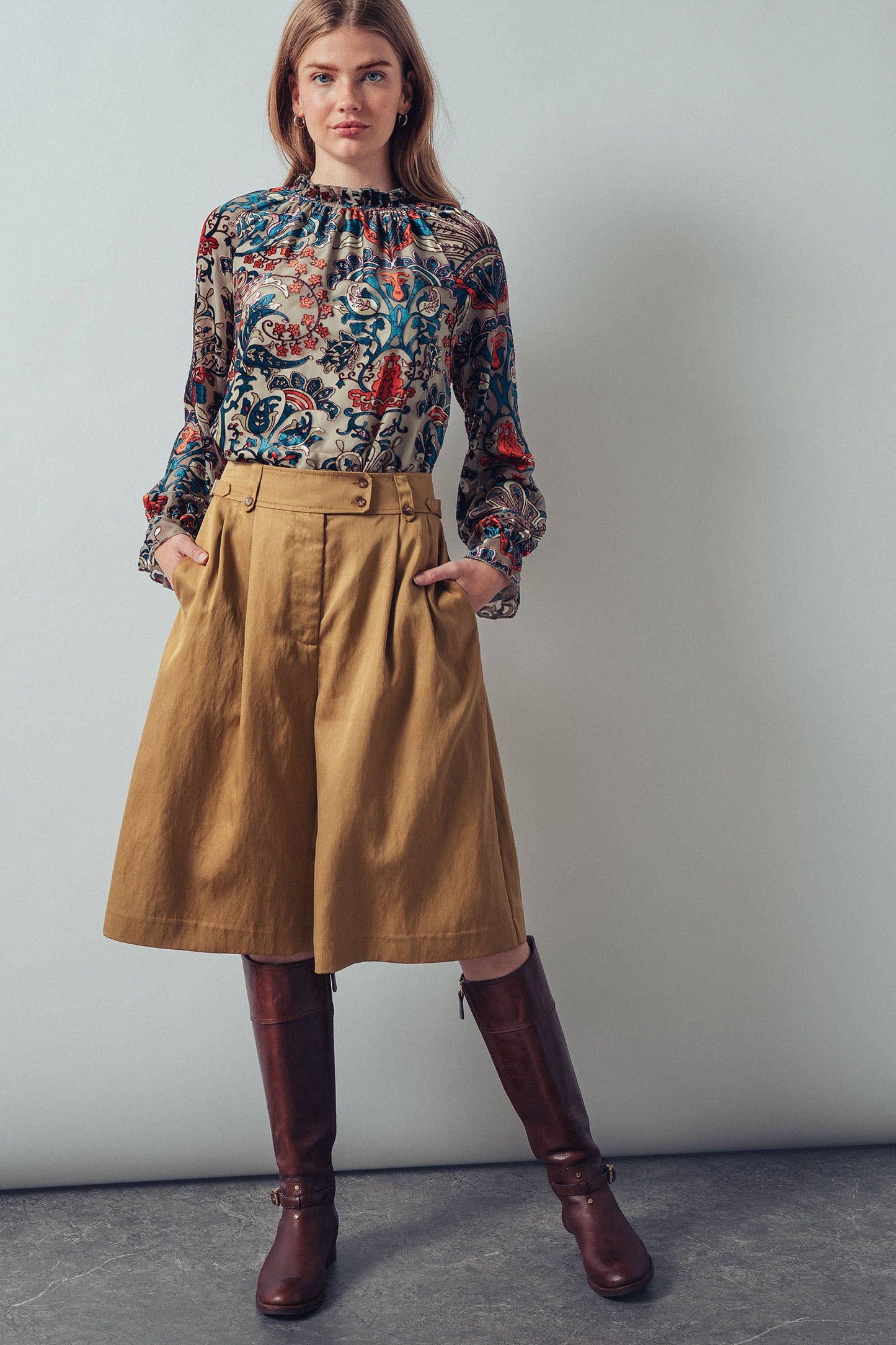 Burnout Velvet Smocked Mock Neck Blouse