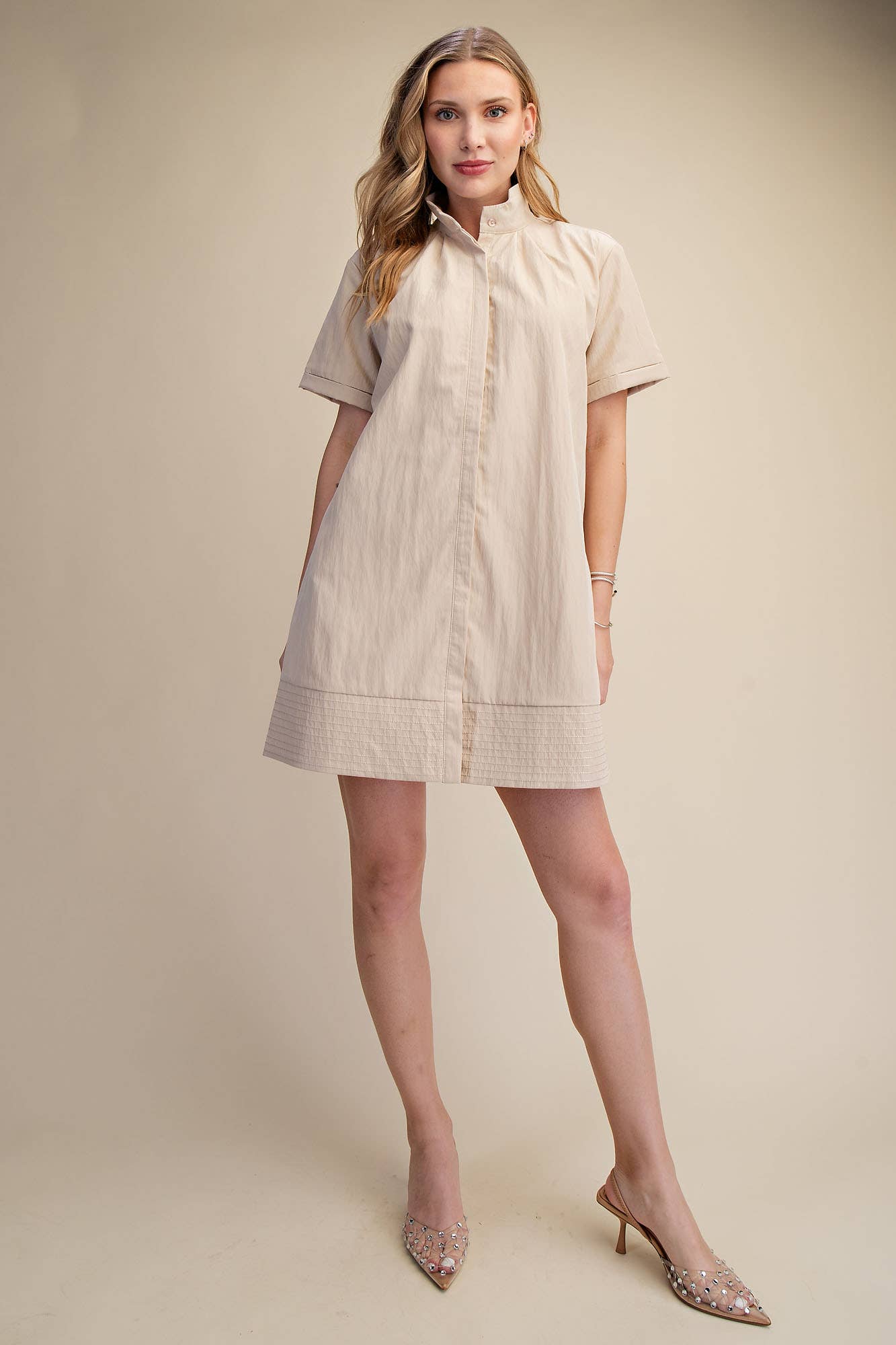 Stand Collar Short Sleeves Button Down Shift Dress