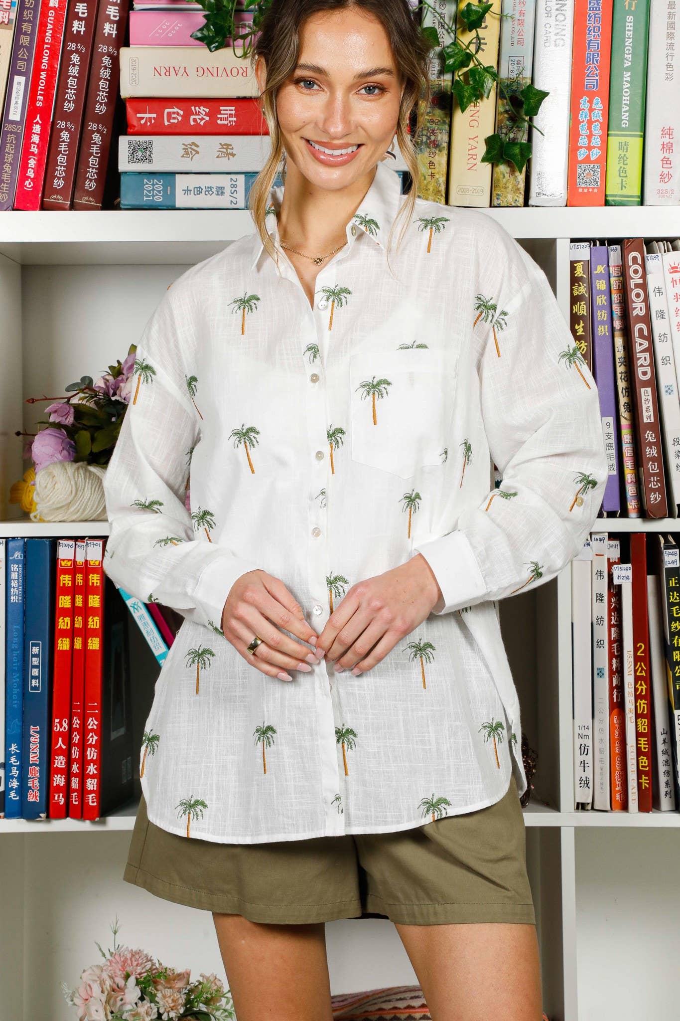 Collared Palm Tree Embroidered Blouse