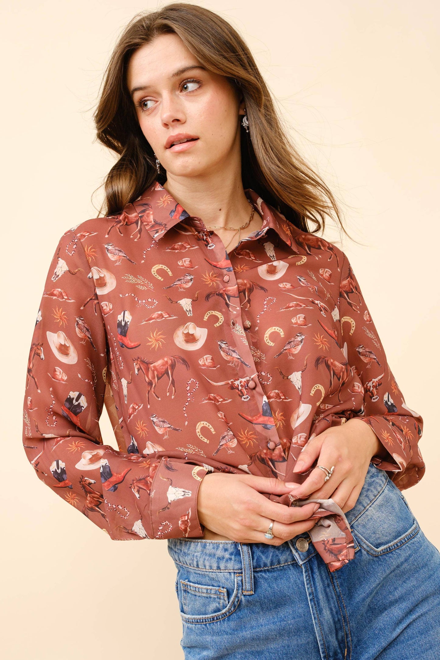 Western Print Chiffon Button Up Blouse