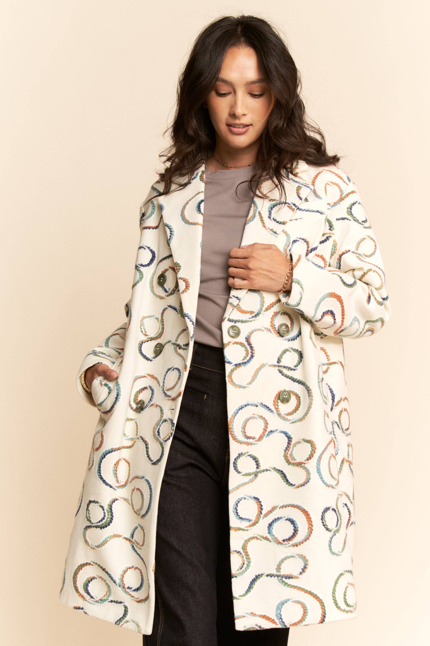 CHUNKY THREAD EMBROIDERED MIDI COAT