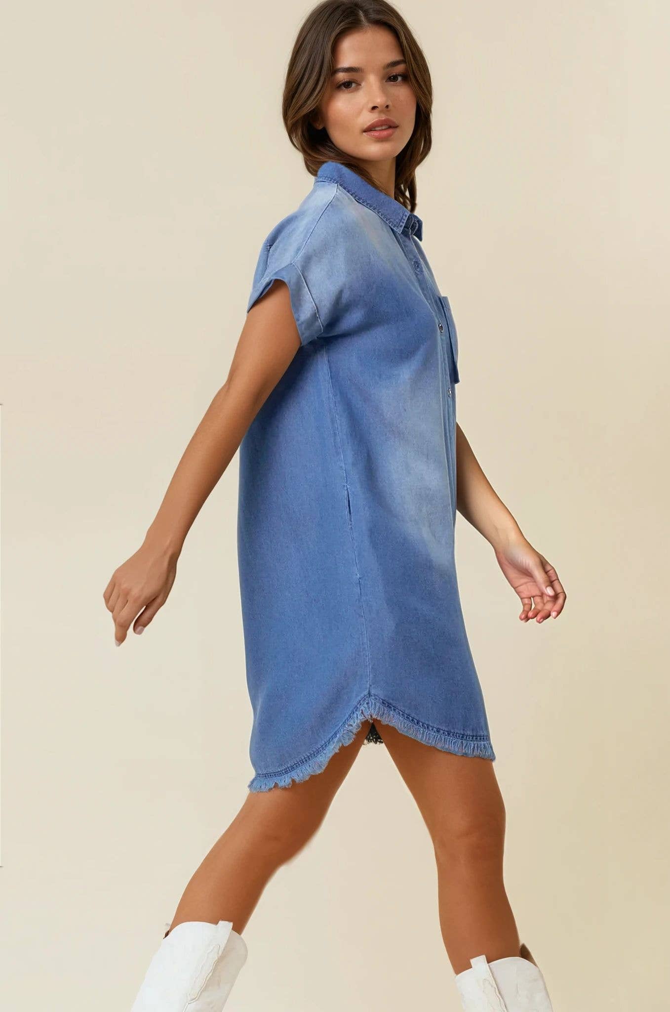 DOLMAN SHORT SLEEVE TENCEL DENIM SHIRT MINI DRESS - 27642D