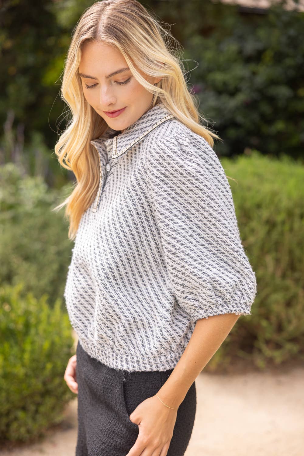 36950 Pearl Quarter Button Collared Tweed Top