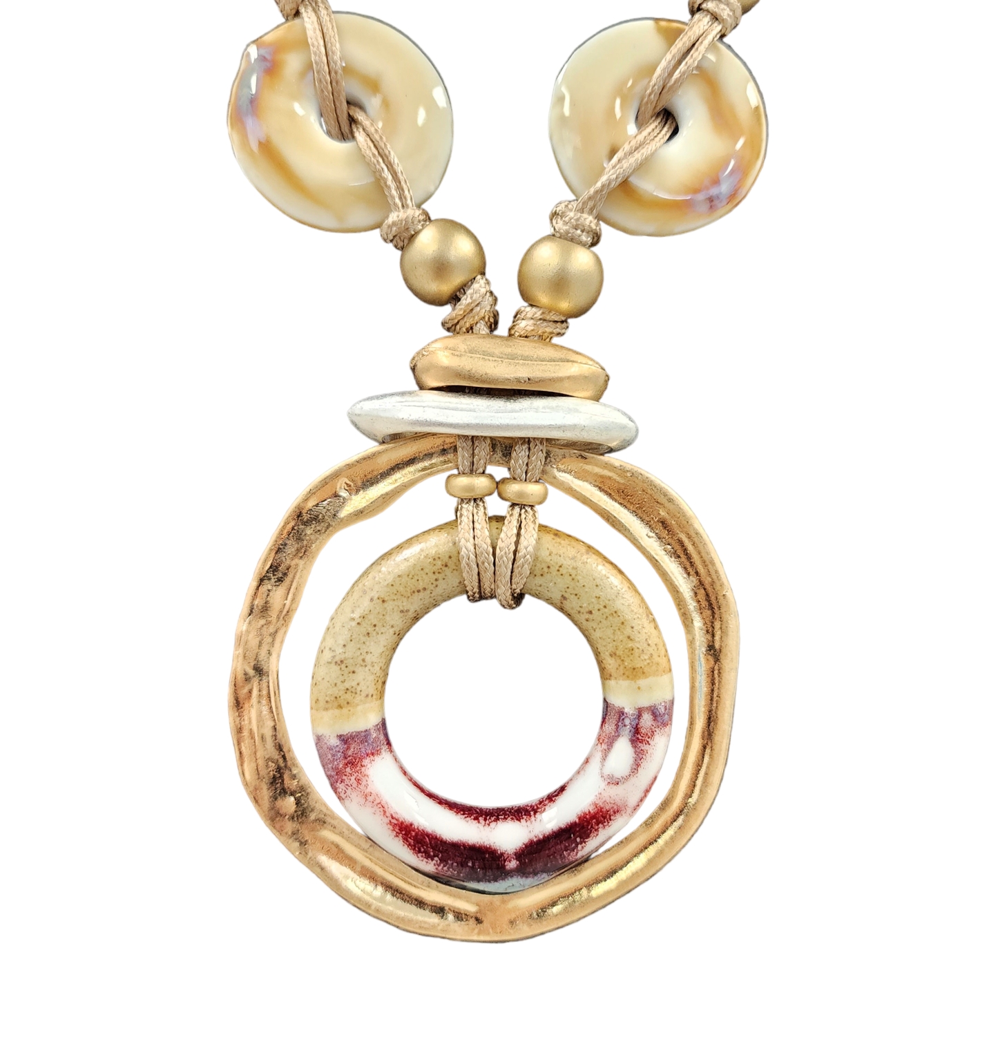 Burgundy Red & Beige Ceramic Stone Necklace