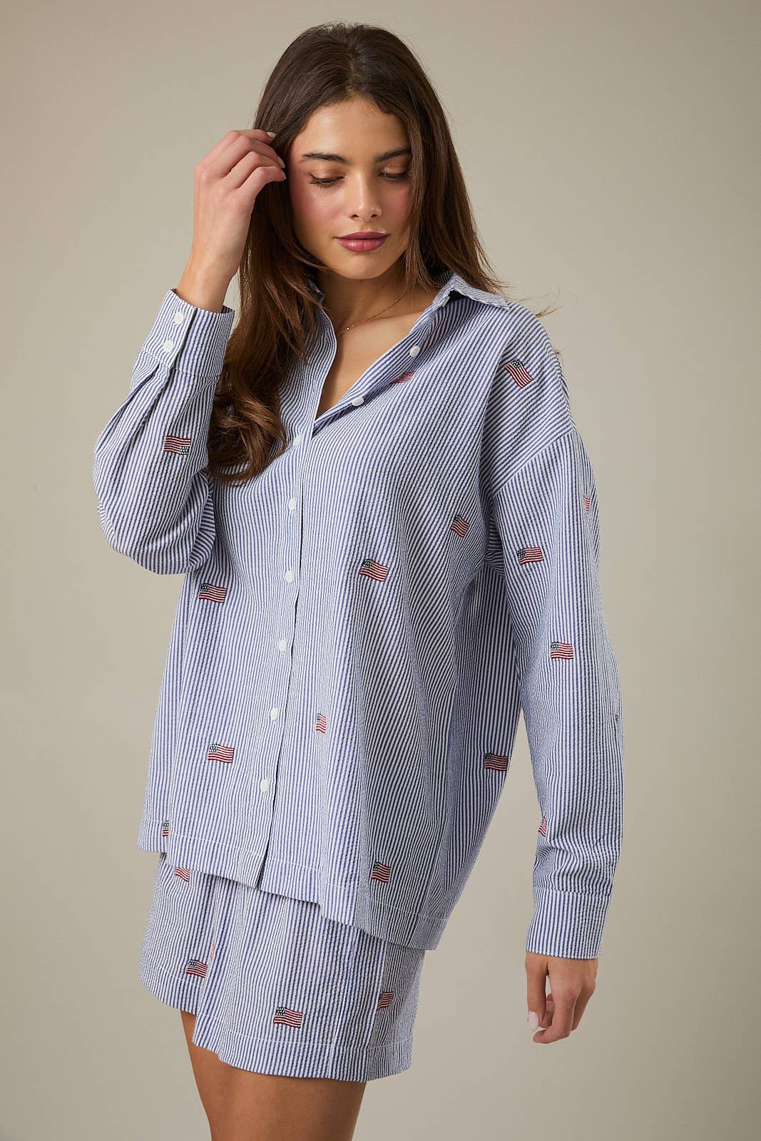 STRIPE FLAG EMBRO OVERSIZED BUTTON DOWN SHIRT