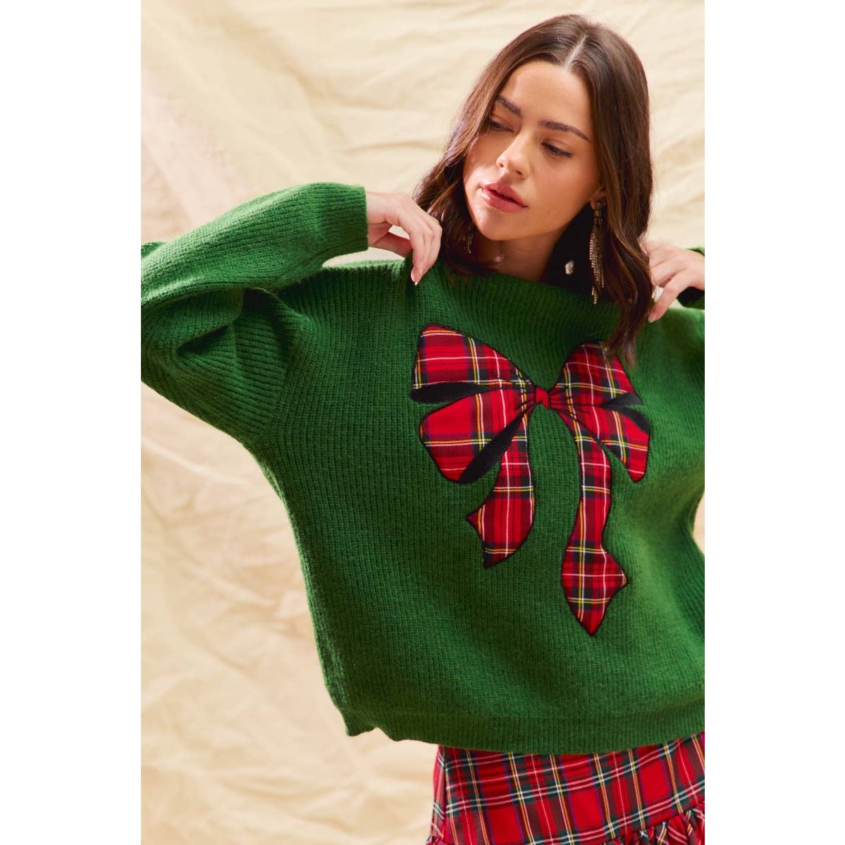 CHECKER PLAID RIBBON CHRISTMAS HOLIDAY SWEATER TOP
