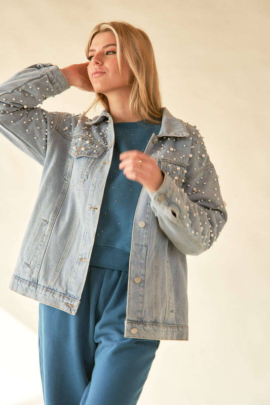PEARL RHINESTONE CHEST POCKET BUTTON DENIM JACKET