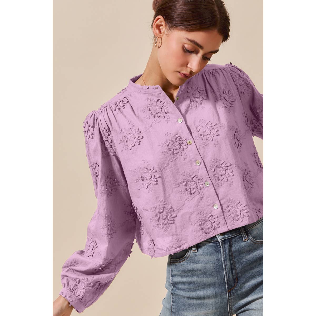 3D FLORAL WOVEN LONG SLEEVE FRONT BUTTON SHIRT
