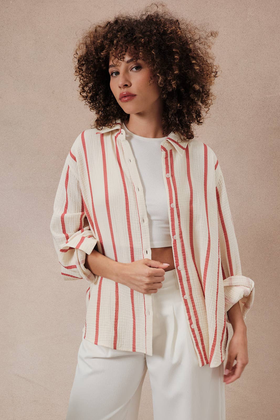 DOLMAN LONG SLEEVE BUTTON DOWN DOUBLE GAUZE STRIPE SHIRT