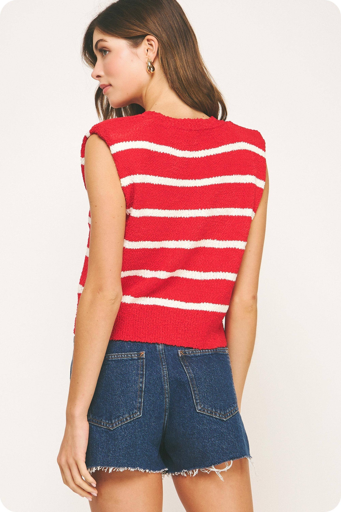 Shoulder Pad Sleeveless Textured Striped Knit Top