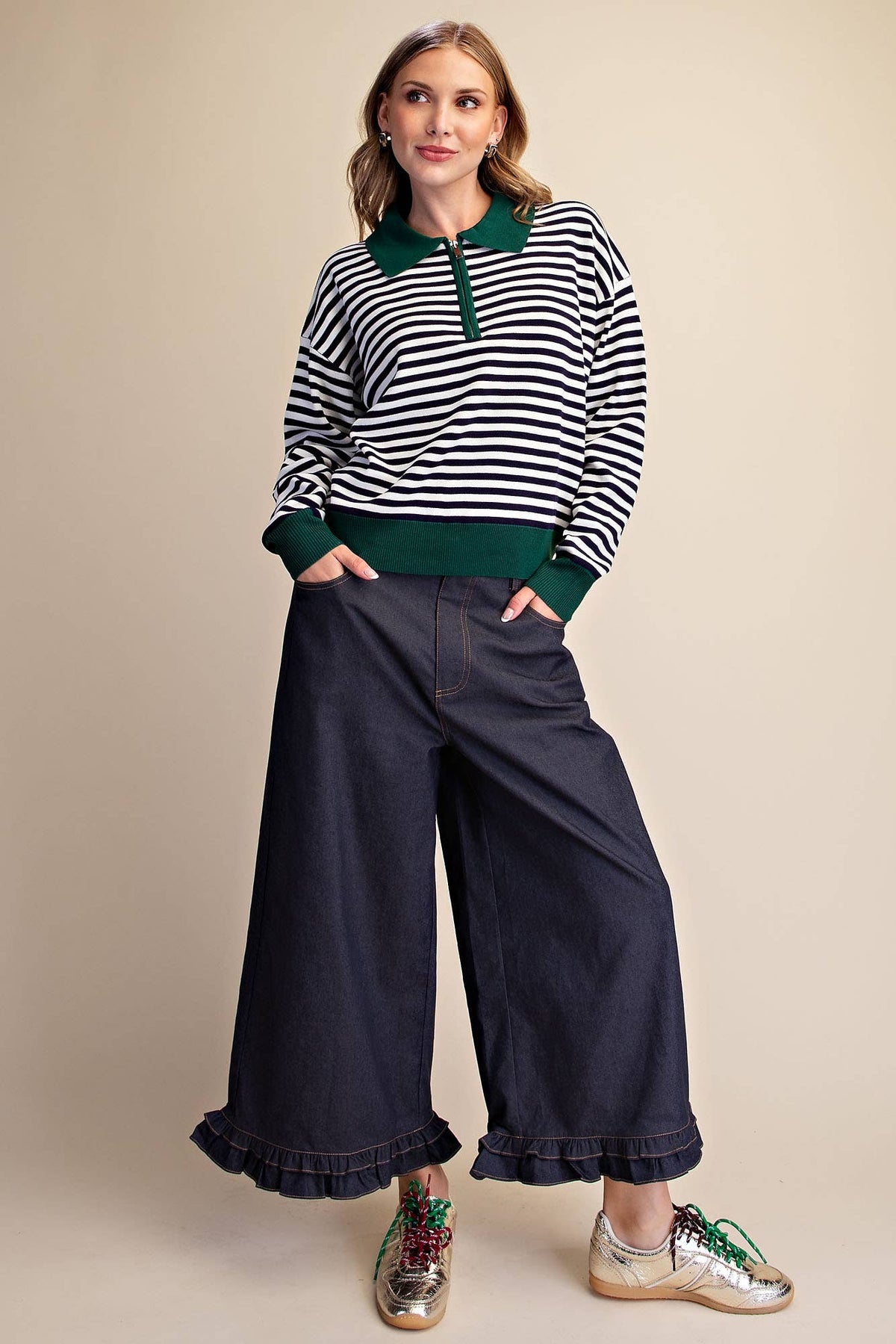 Collar Zip Neck Long Sleeve Stripe Sweater