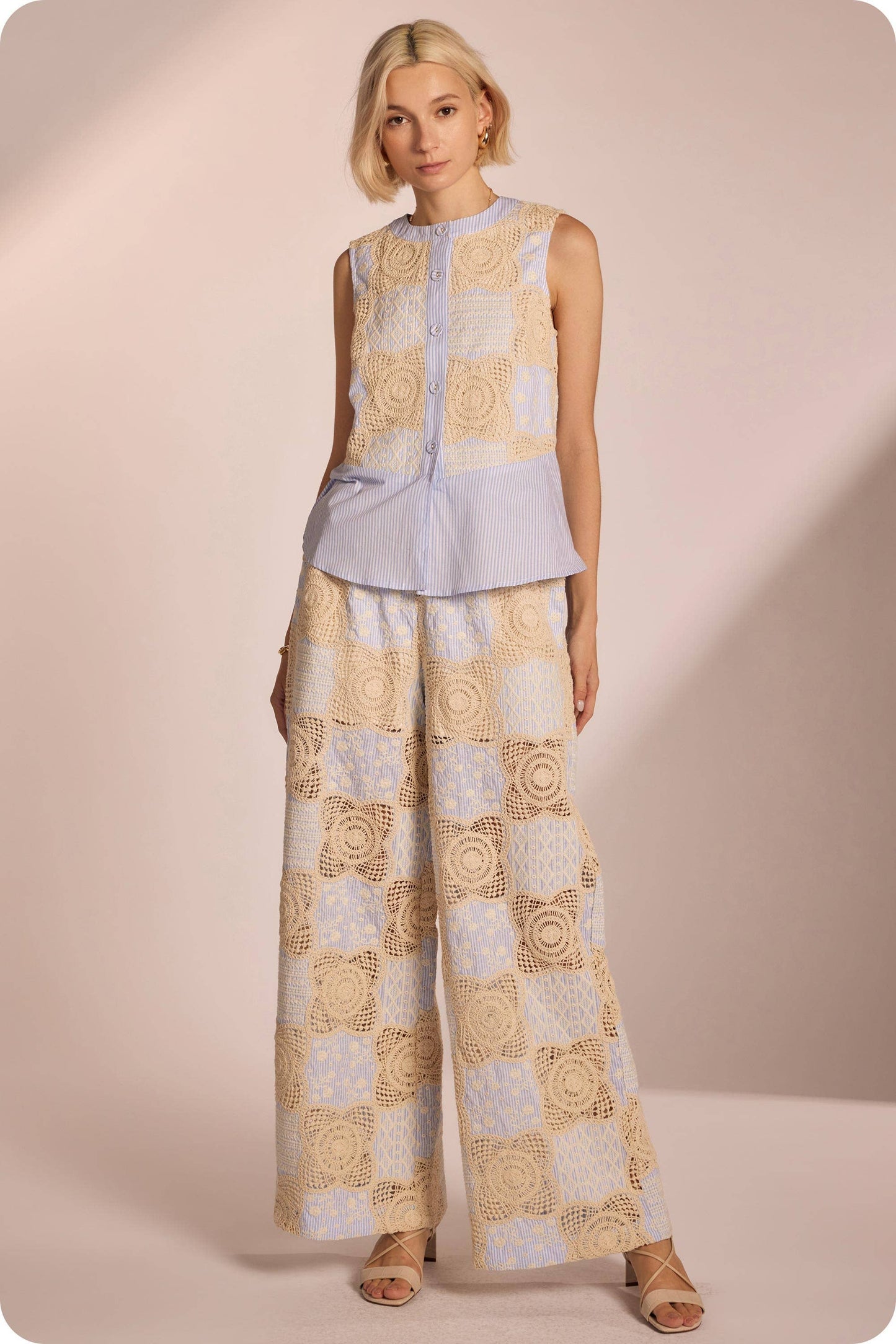 Crochet Striped Pleated Detail Wide-Leg Pants