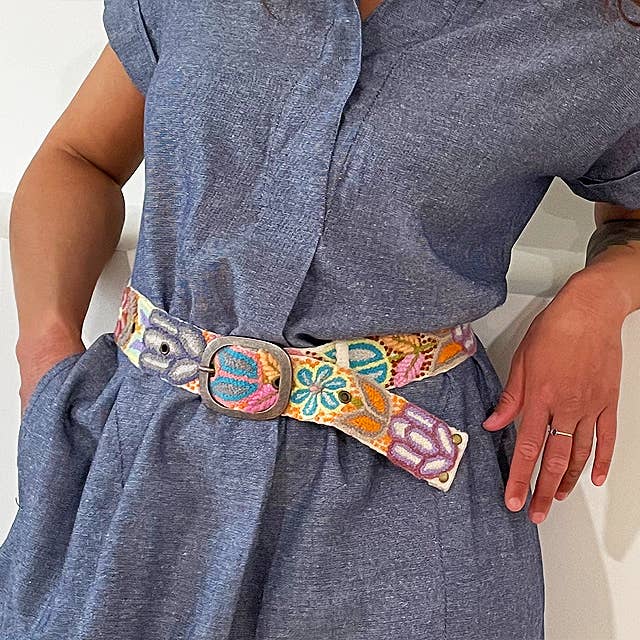Folklorica Floral Embroidered Wool Belt, Cream