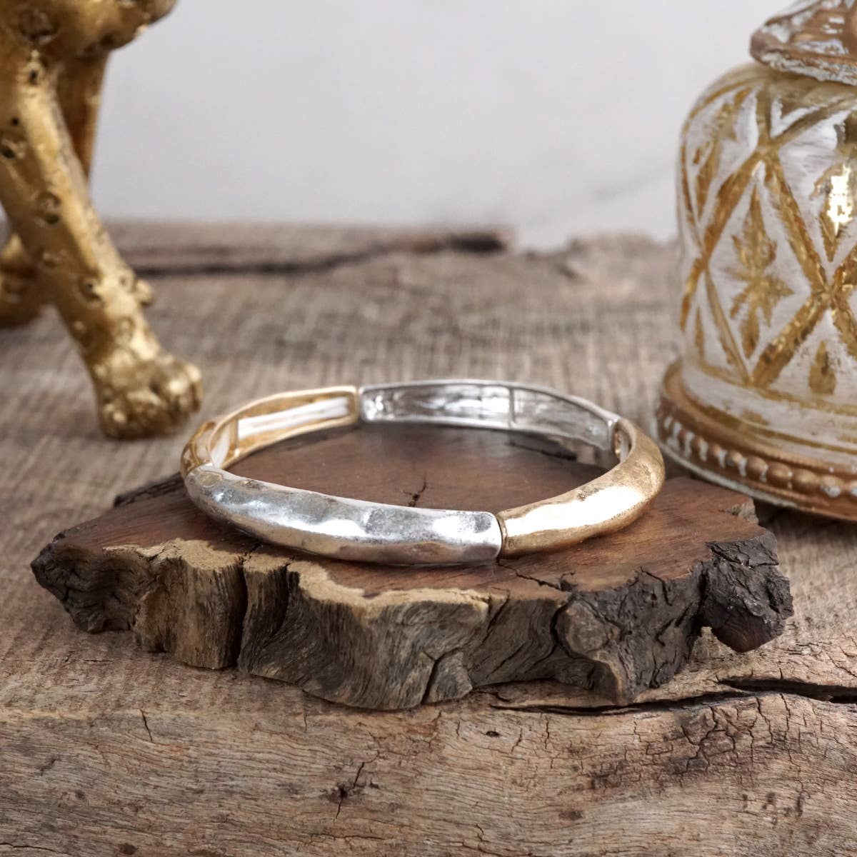 Boho Stretchy Minimalist Bangle Raw Textured Worn Silver tones
