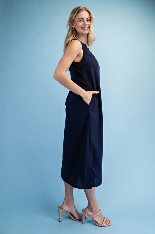 Linen V-Neck Sleeveless Midi Dress