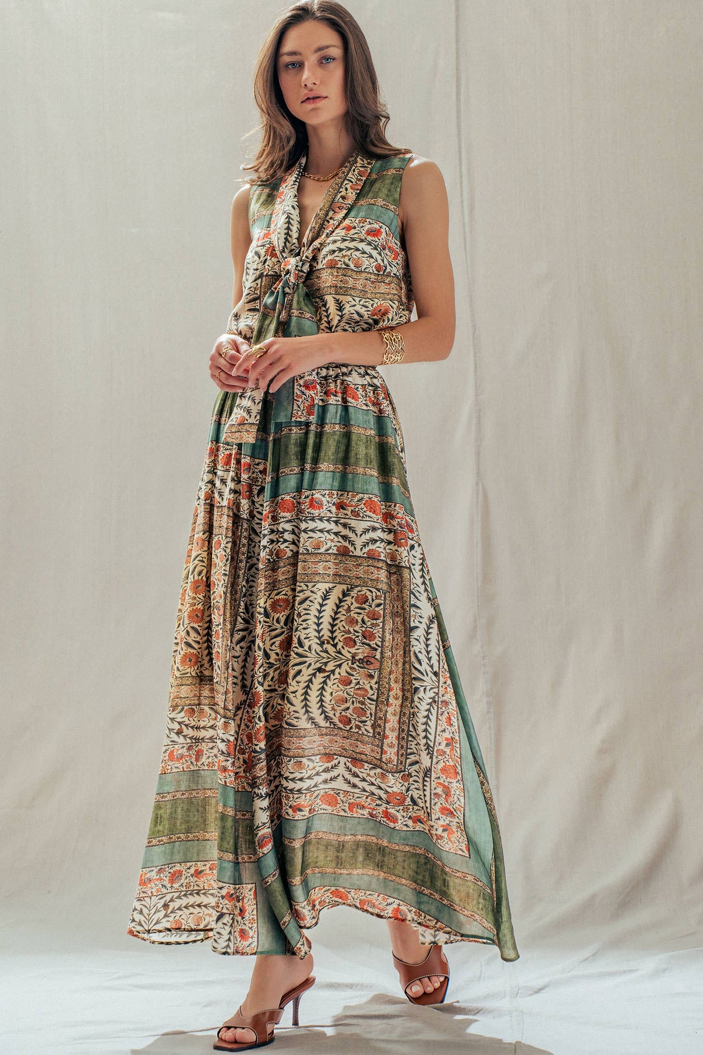 Botanical Bird Print Tie-Front Tencel Blend Top