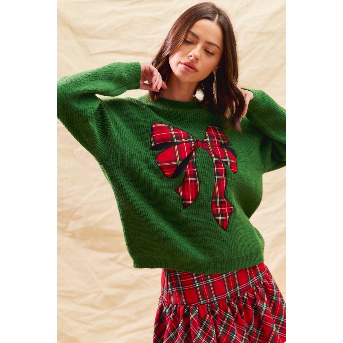 CHECKER PLAID RIBBON CHRISTMAS HOLIDAY SWEATER TOP
