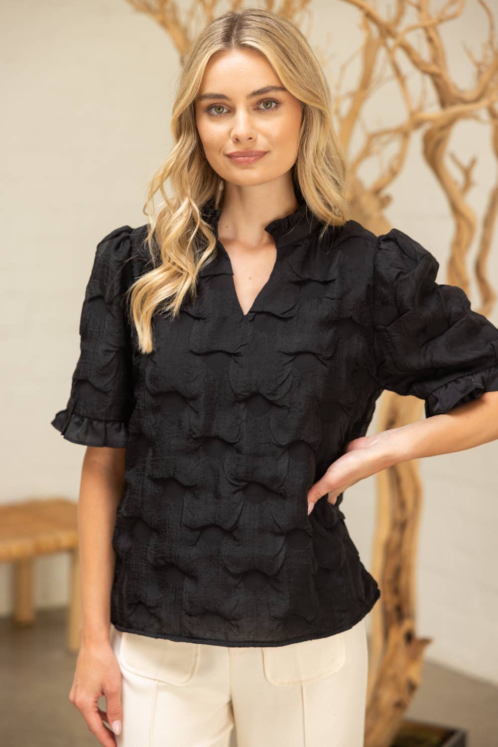 Satin Ruffled  Dotted Textured Top