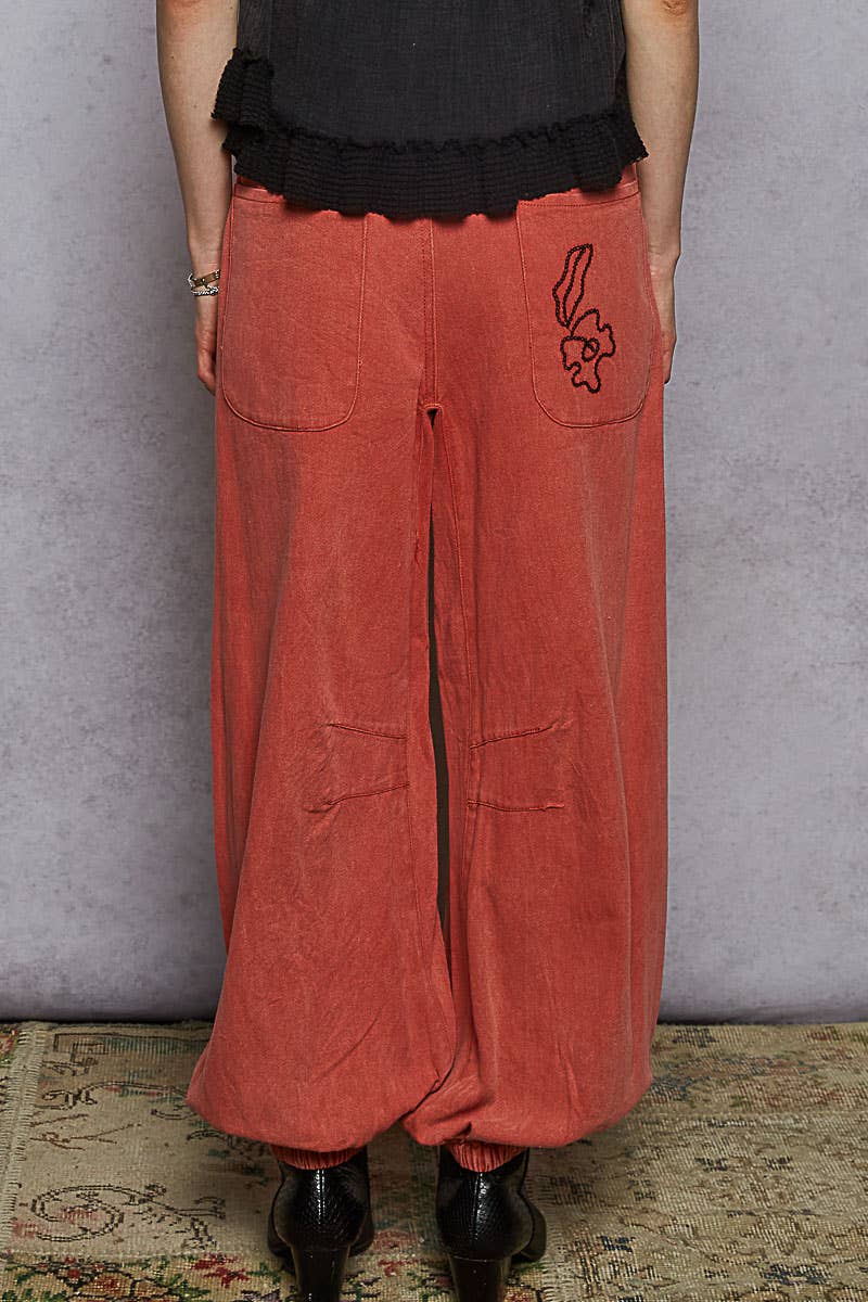 Floral embroidered  twill pants