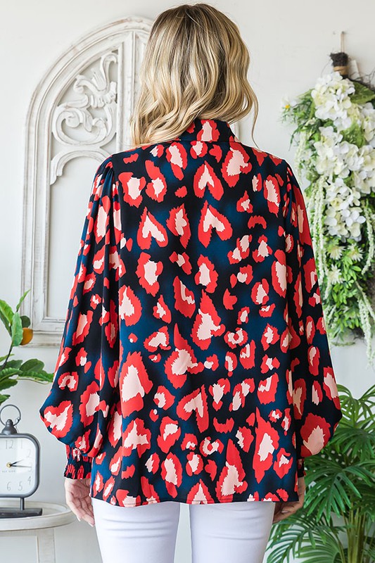 Heart Print Long Sleeve Satin Blouse