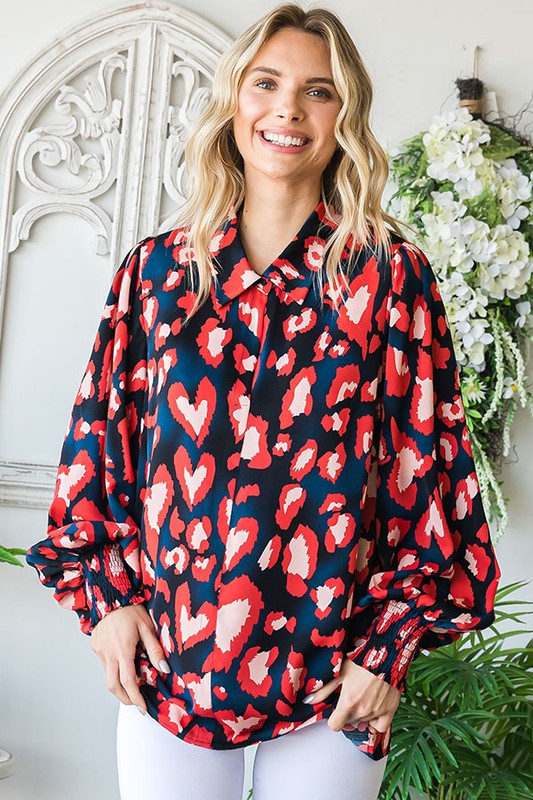 Heart Print Long Sleeve Satin Blouse