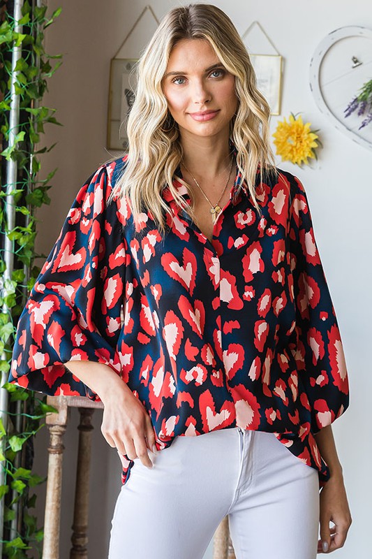 Heart Print Long Sleeve Satin Blouse