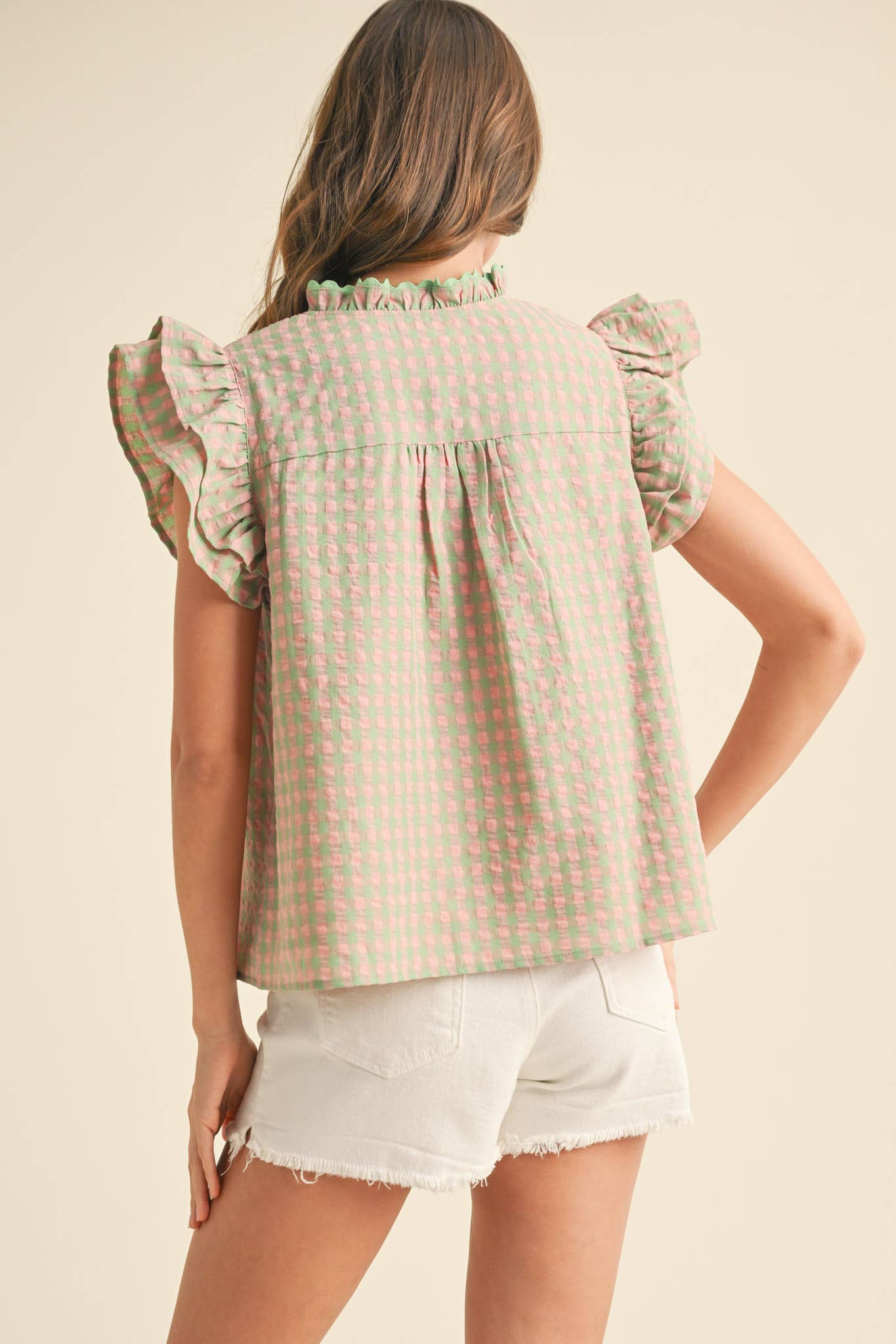 GINGHAM FLUTTER SLEEVE TOP