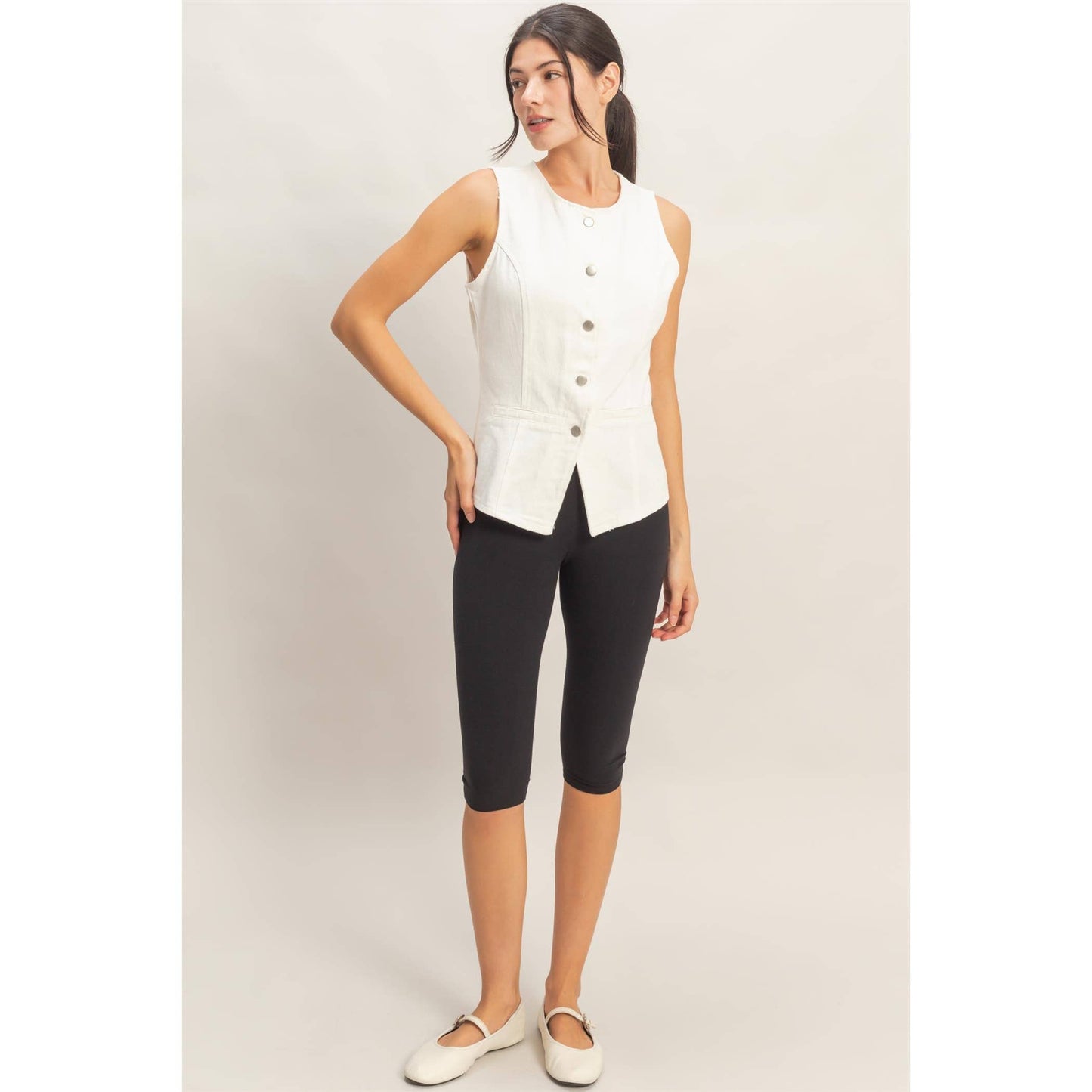 Button-Front Sleeveless Denim Vest