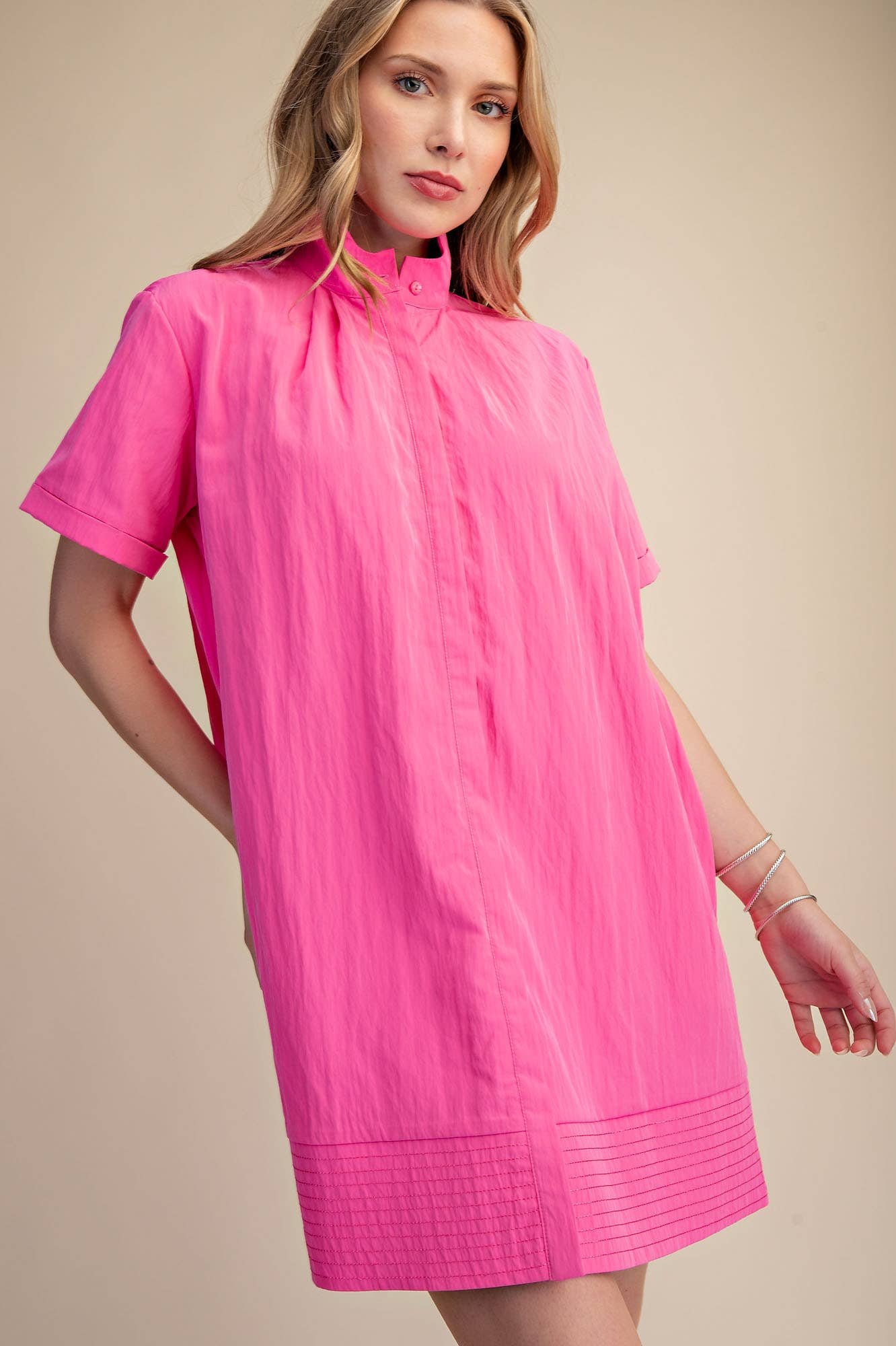 Stand Collar Short Sleeves Button Down Shift Dress