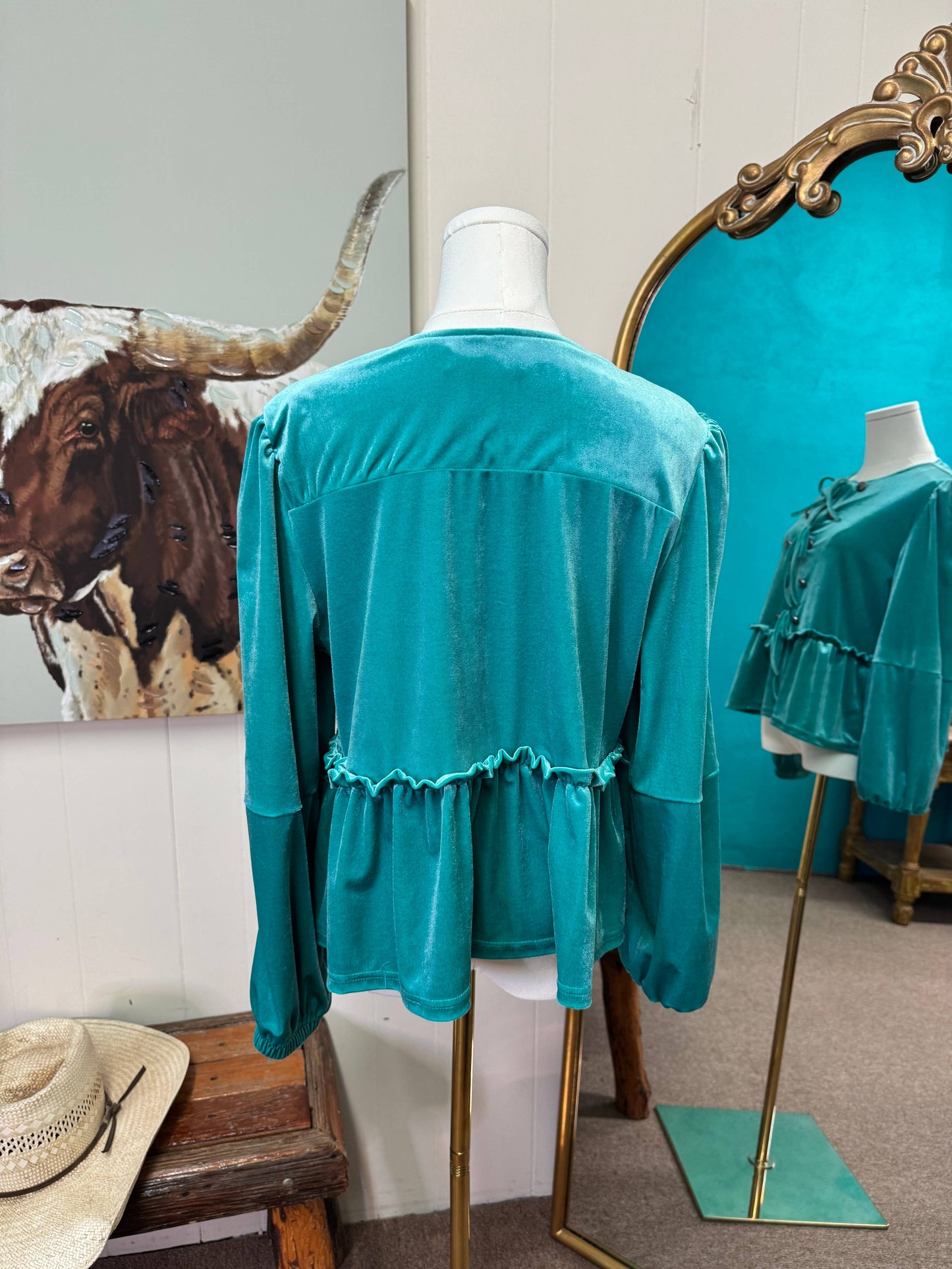 Turquoise velvet long sleeve peplum top, bow ties & conchos