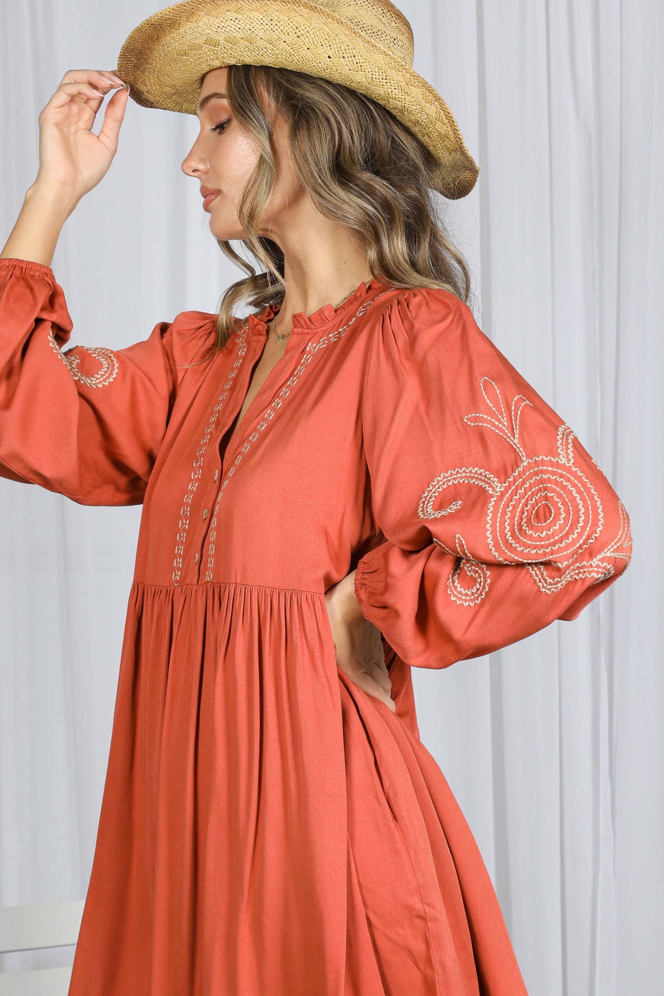 Paisley Embroidered V-Neck Baby Doll Mini Dress