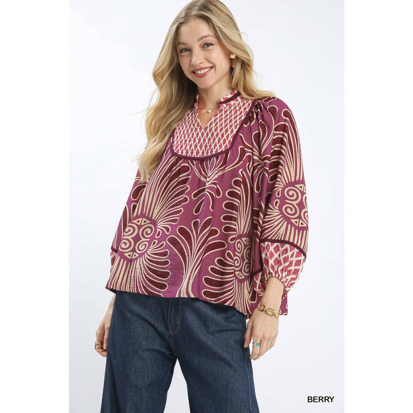 Print Smocked Yoke Top