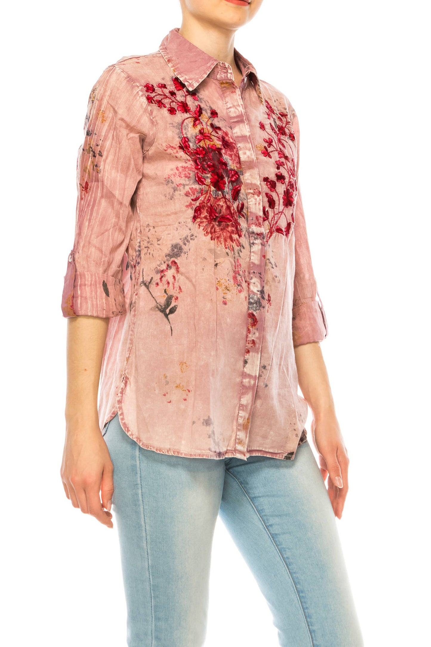 Vintage Pink Floral Printed Shirt with Embroidery