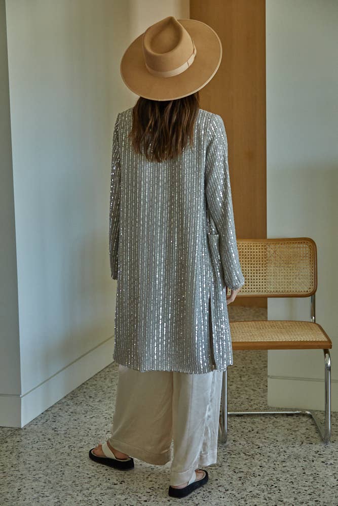 Woven Sequin Open Front Long Sleeve Cardigan