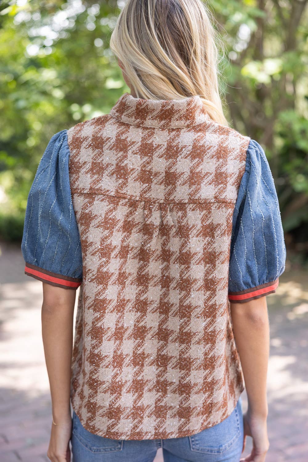 Stripe Denim Sleeve Houndstooth Tweed Top