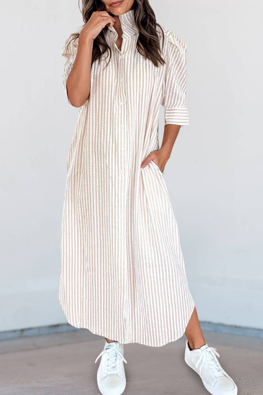 Stripe Frilled Collar Half Sleeve Shirt Maxi Dress