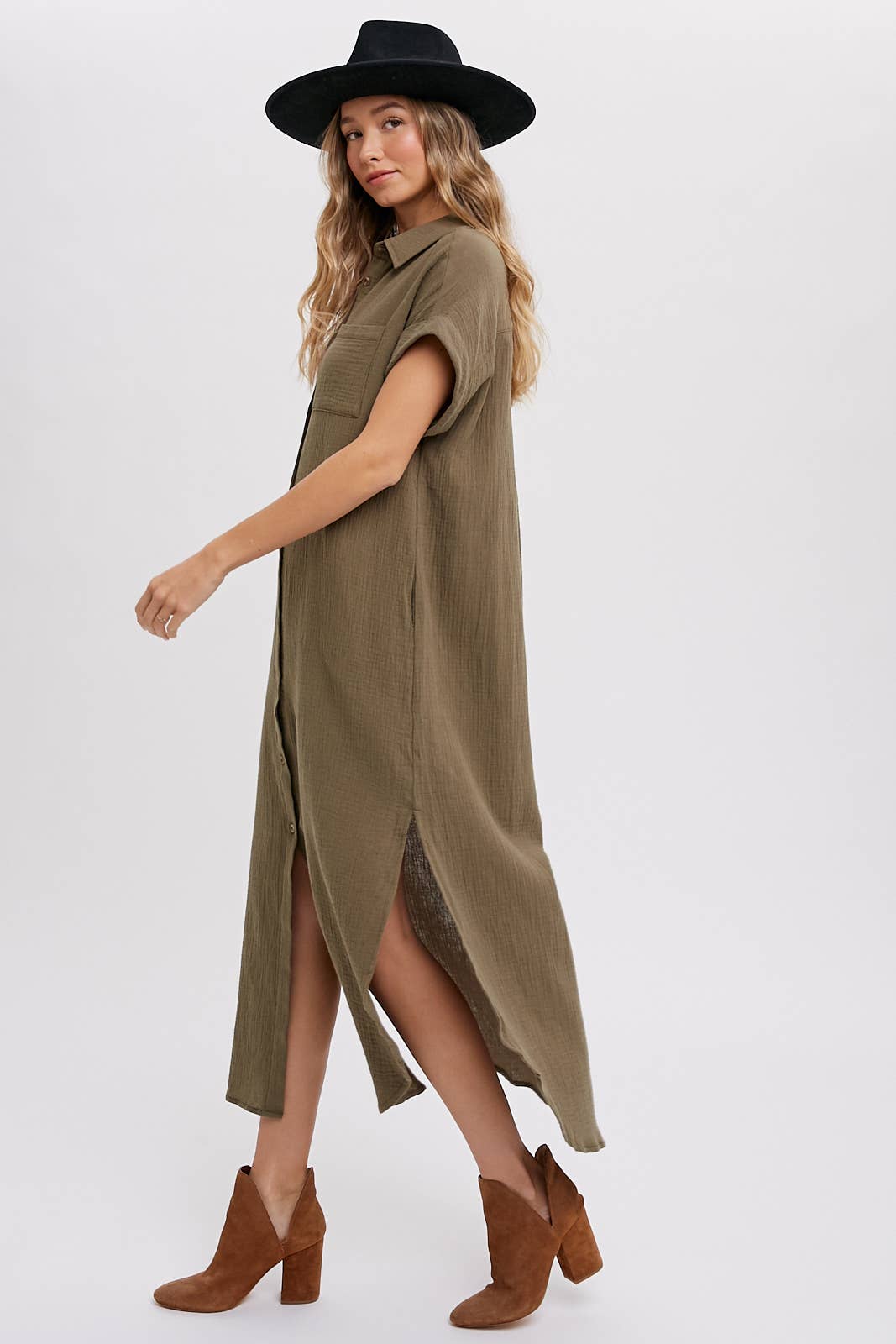 Button Up Maxi Shirt Dress with Pocket