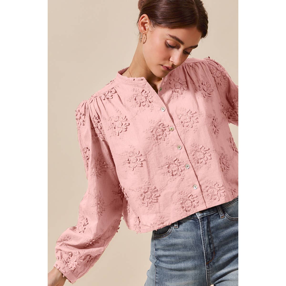 3D FLORAL WOVEN LONG SLEEVE FRONT BUTTON SHIRT