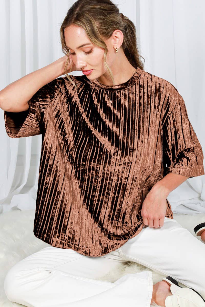 Pleated Velvet Crew Neck Band Short-Sleeve Top